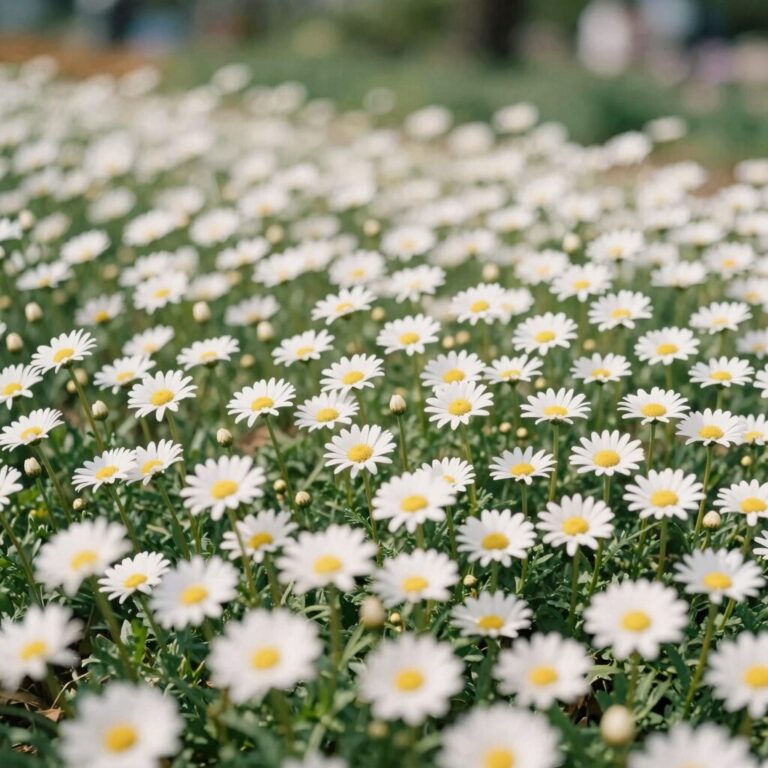 햇빛을 받아 반짝이는 데이지꽃 화단 풍경