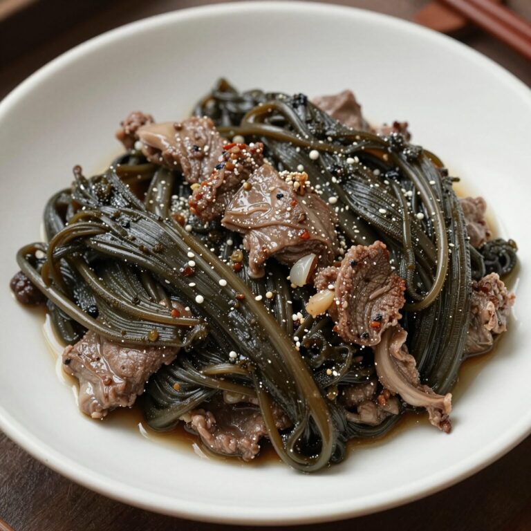 완성된 당귀장아찌를 접시에 담고 고기와 함께 플레이팅한 사진