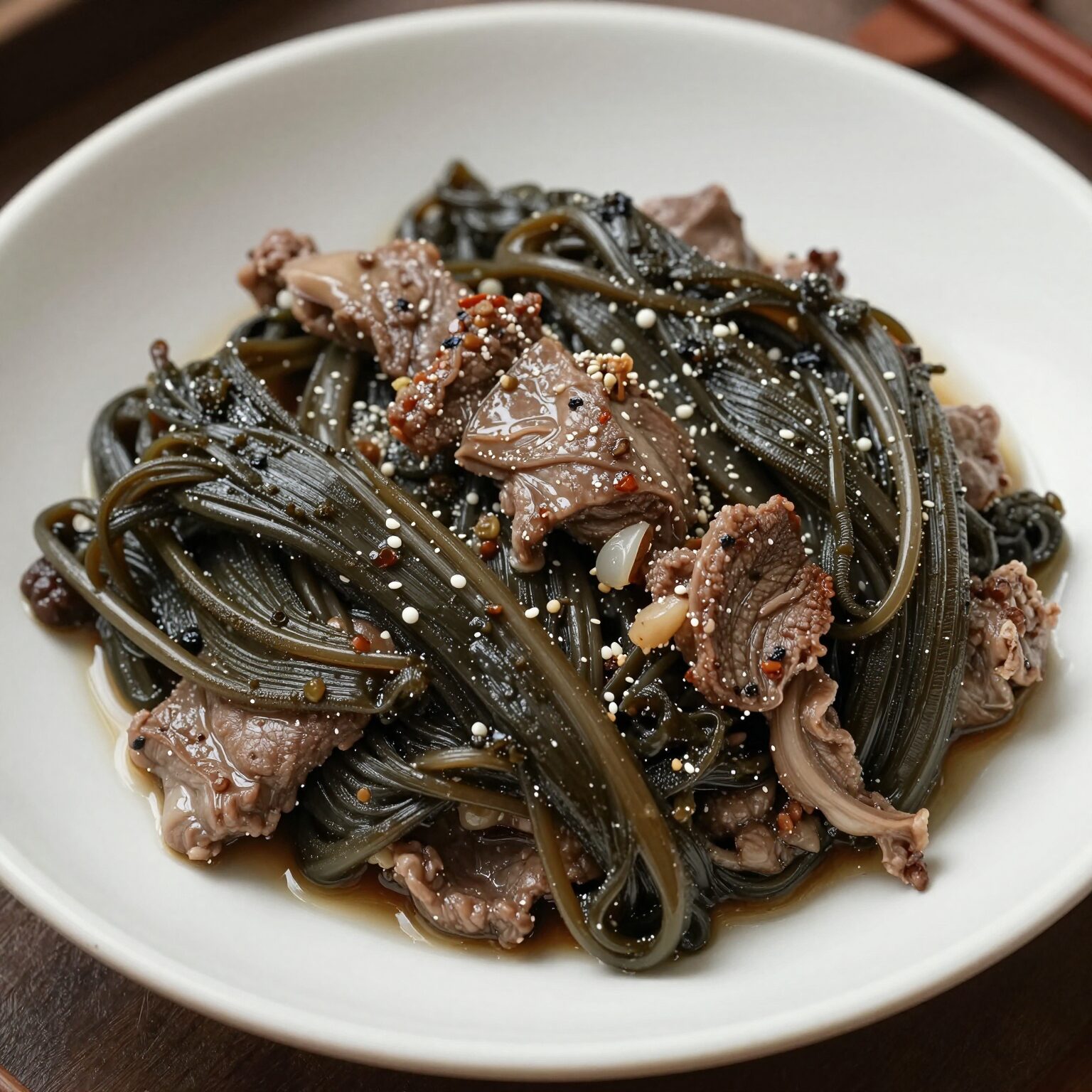 완성된 당귀장아찌를 접시에 담고 고기와 함께 플레이팅한 사진