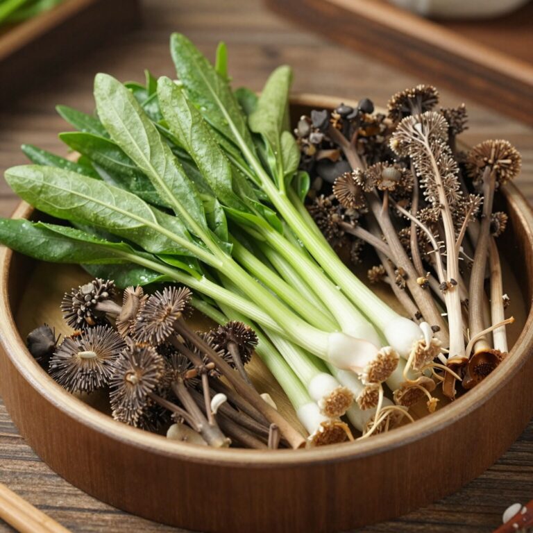 나무 접시에 담긴 신선한 두릅과 더덕, 봄나물