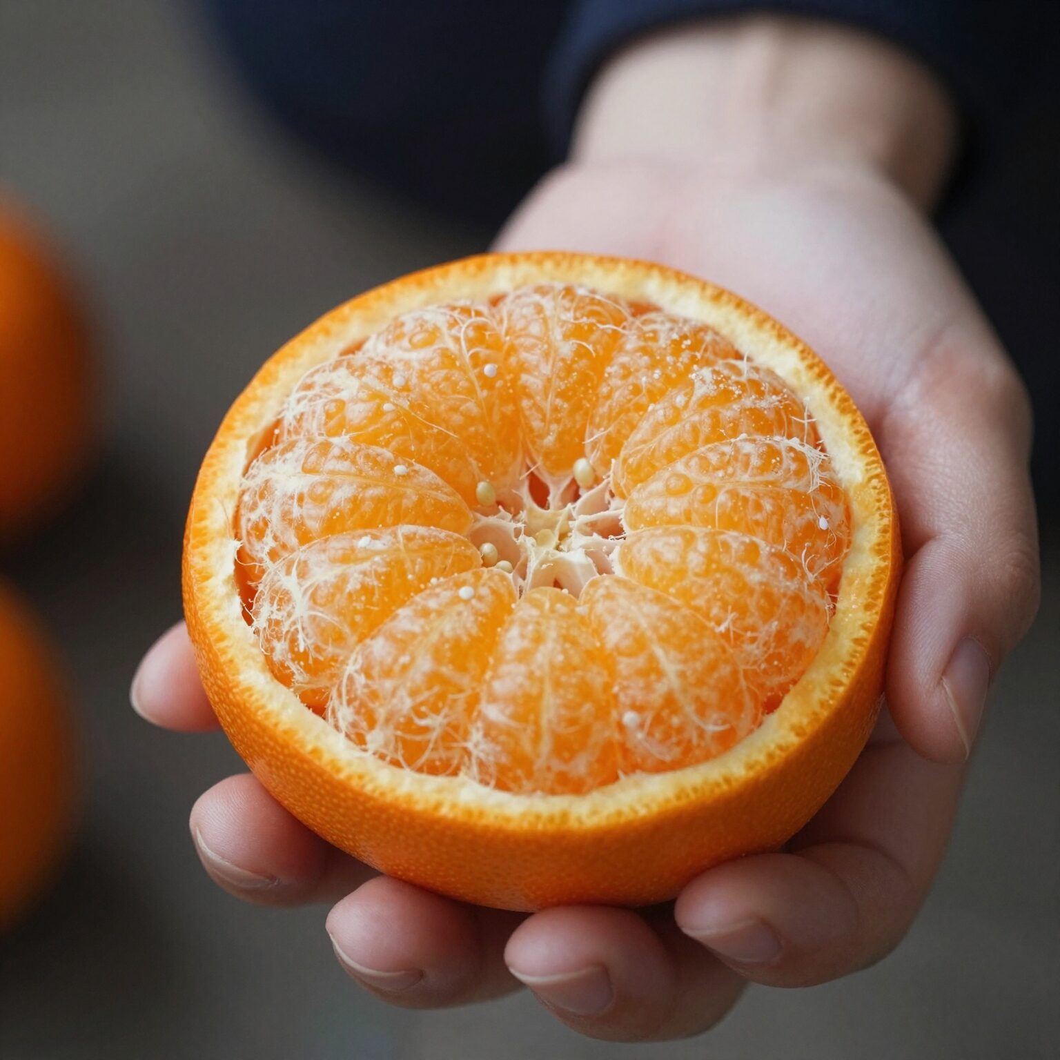 껍질과 씨를 제거한 오렌지 과육을 손에 든 모습