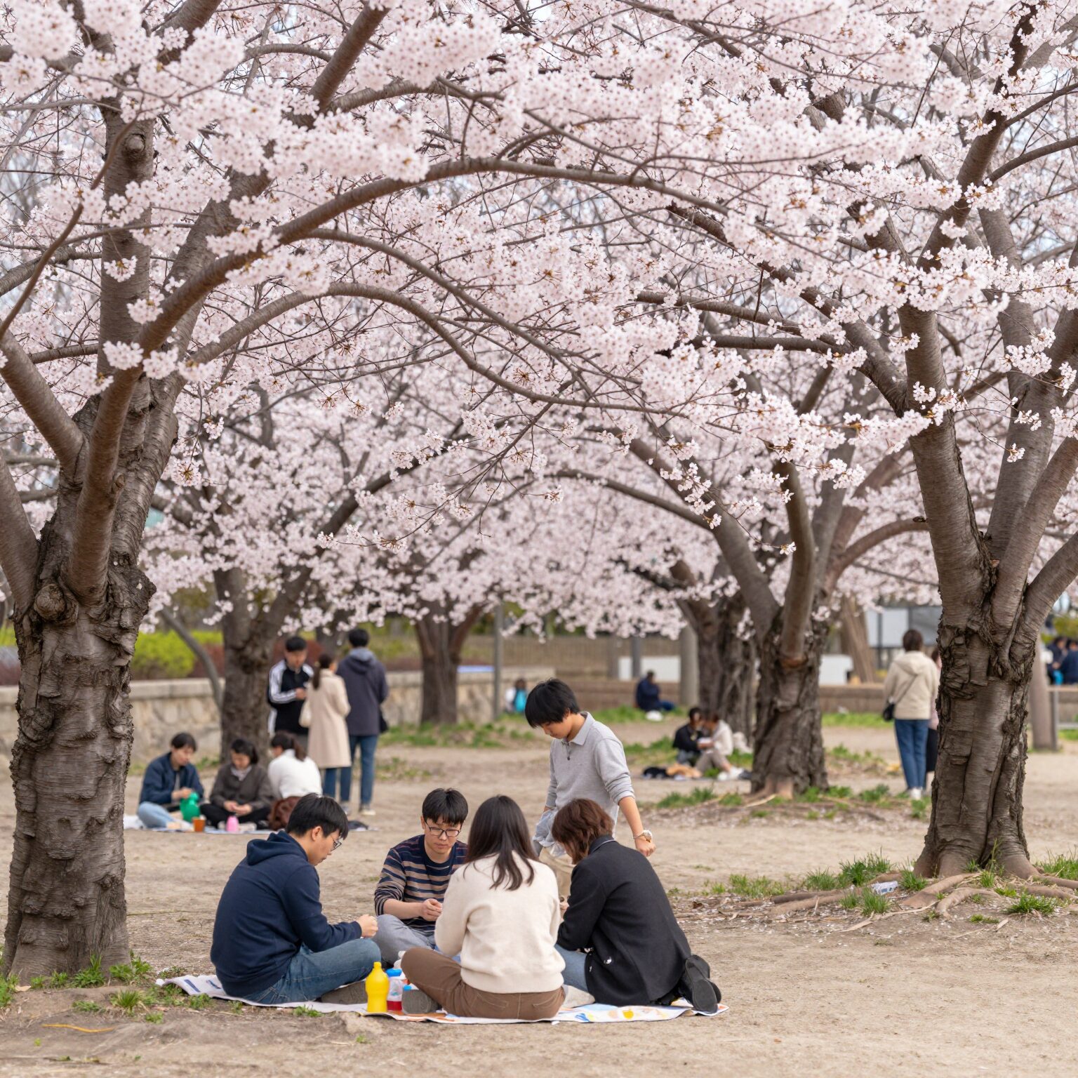 잘 가꿔진 정원에 핀 분홍색 겹벚꽃나무와 그 아래 피크닉을 즐기는 사람들