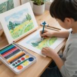 드림아트 어린이 안전인증 미술세트 구성품 사진, 색연필 크레파스 오일파스텔 등이 정리되어 있음