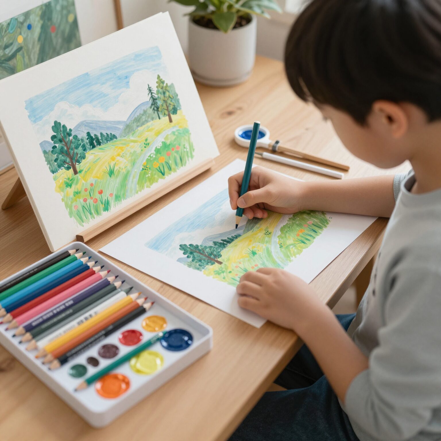 드림아트 어린이 안전인증 미술세트 구성품 사진, 색연필 크레파스 오일파스텔 등이 정리되어 있음