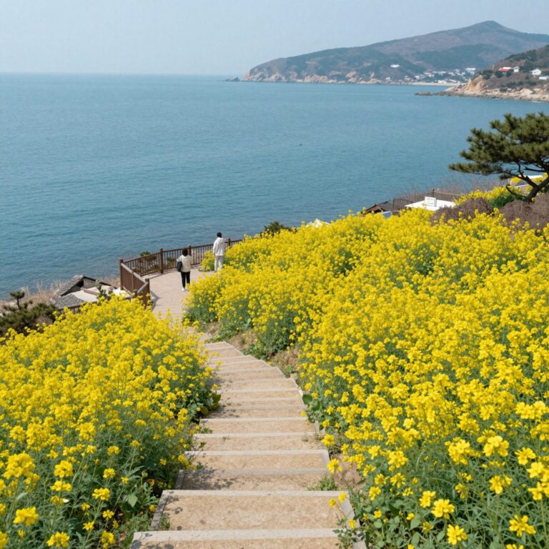 남해 두모마을 전망대에서 바라본 계단식 노란 유채꽃밭과 푸른 바다 풍경