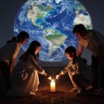 지구의 날 소등행사와 일상 속 실천 방법 지구의 날 소등행사로 촛불을 켜고 별을 바라보는 가족 실루엣