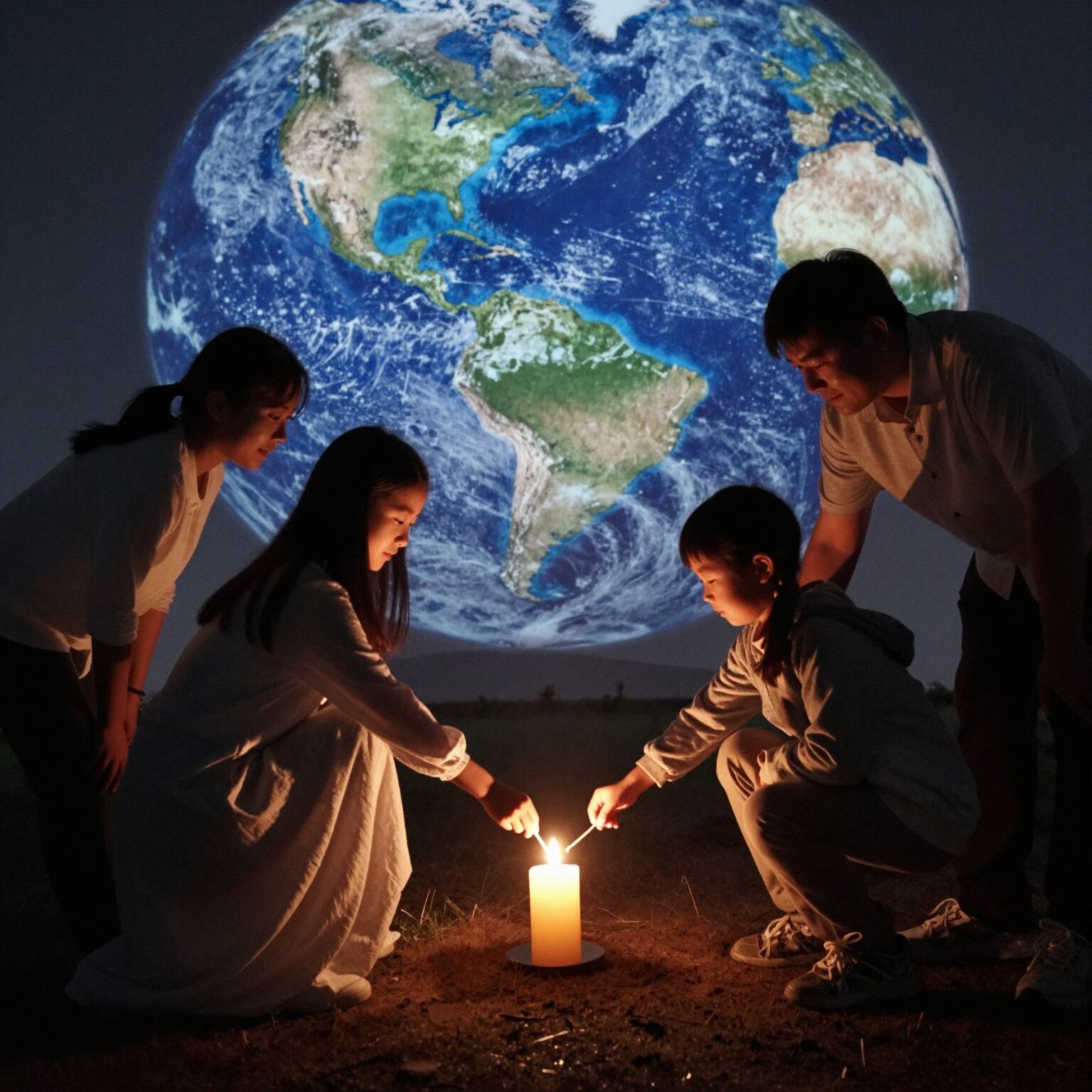 지구의 날 소등행사로 촛불을 켜고 별을 바라보는 가족 실루엣