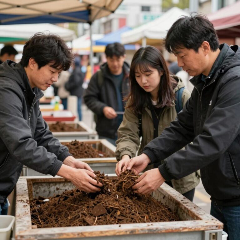 퇴비클럽 참가자들이 시장에서 퇴비통을 확인하며 이야기를 나누는 모습