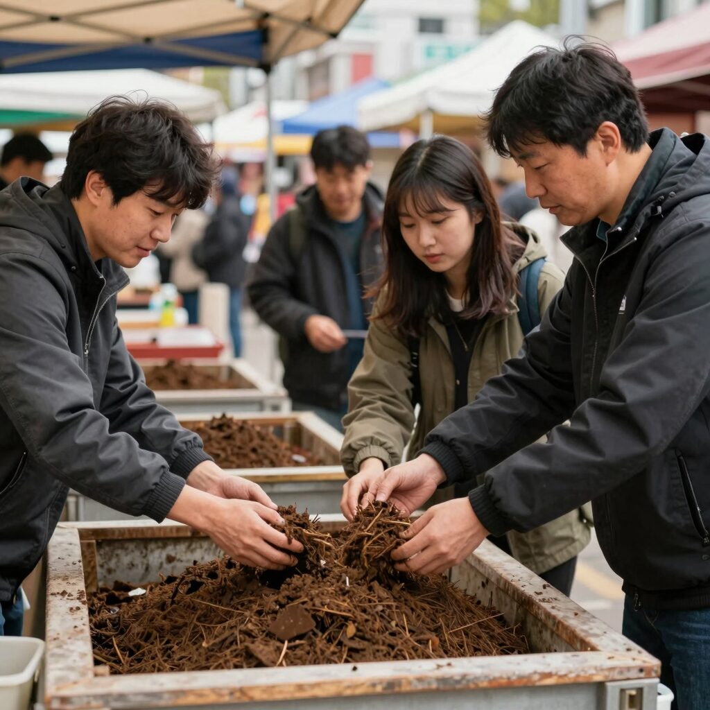 퇴비클럽 참가자들이 시장에서 퇴비통을 확인하며 이야기를 나누는 모습