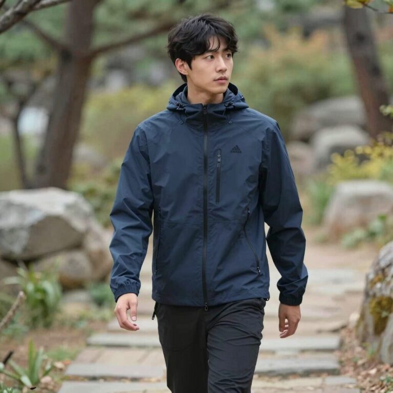 아이더 시어 경량 자켓을 입고 산책하는 모습. 자연스러운 핏과 편안한 움직임을 보여줌