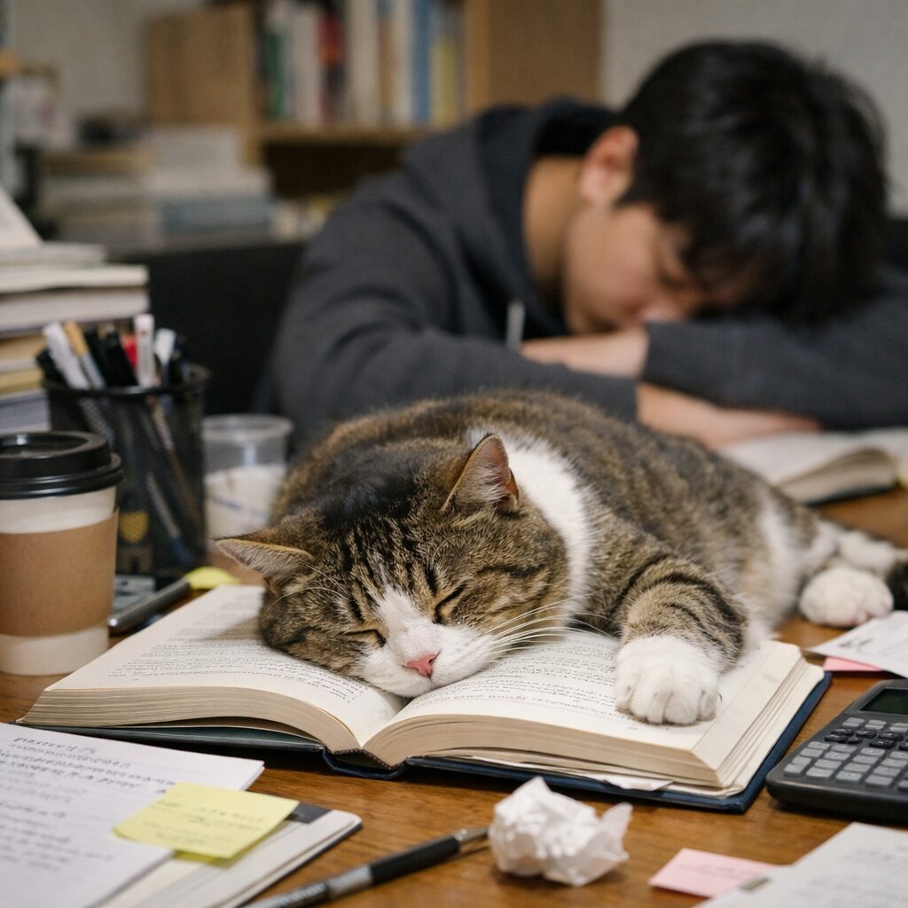 시험기간에 지친 학생을 대신해 고양이가 책상에 엎드려 힘들어하는 유머러스한 짤