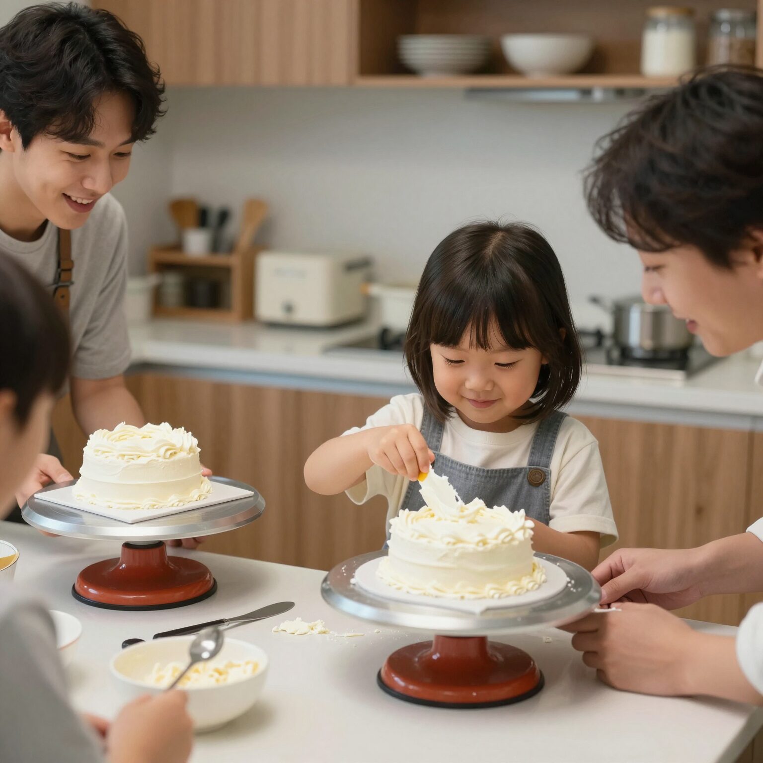 가족이 함께 주방에서 케이크를 꾸미는 즐거운 순간, 아이가 웃으며 크림을 바르고 있다