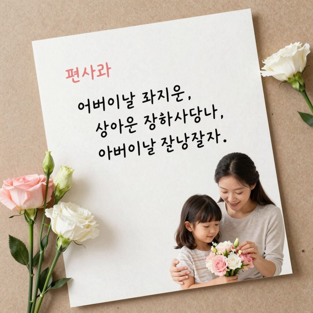 가족 사진과 함께 어버이날 감동 문구를 손글씨로 적은 편지와 카네이션 선물 사진