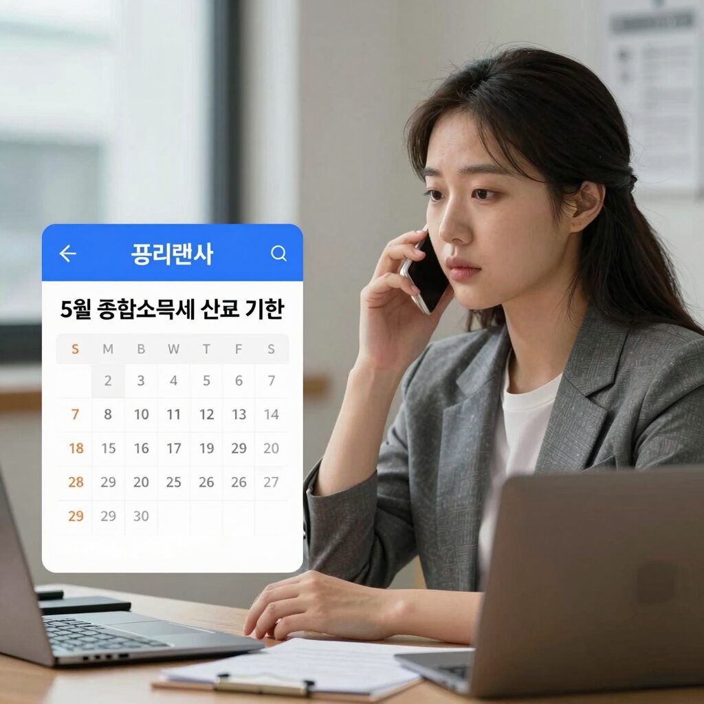 프리랜서가 5월 종합소득세 신고 기한과 환급 방법을 확인하기 위해 달력과 홈택스 화면을 보고 있는 모습