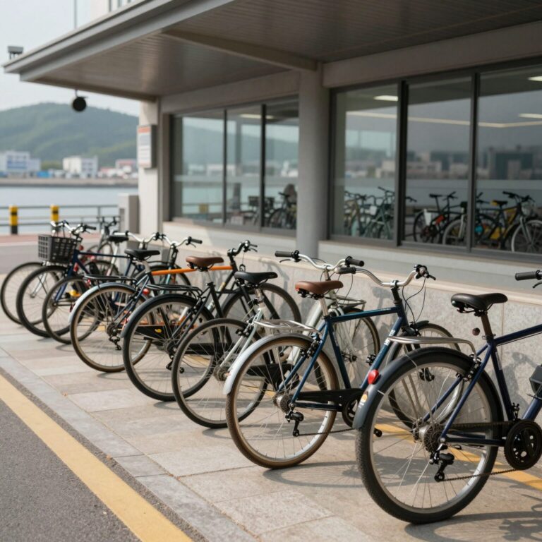 가파도 선착장 앞 자전거 대여소에 다양한 자전거가 줄지어 서 있는 모습