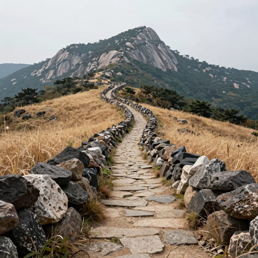 가파도 청보리밭과 돌담 길, 뒤로 한라산이 보이는 전경