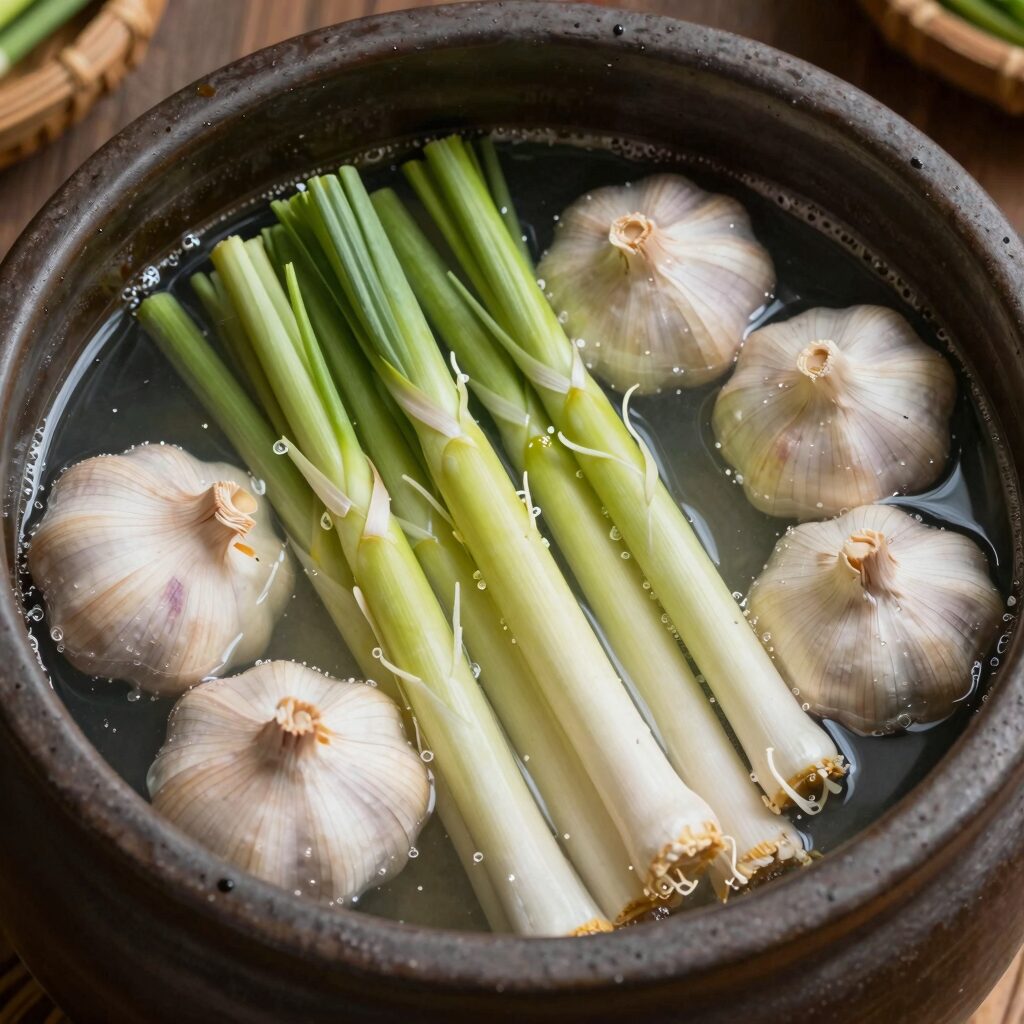신선한 마늘쫑을 소금에 절여 항아리에 담근 모습