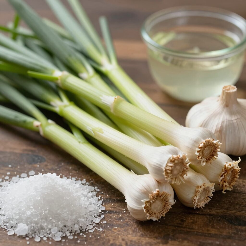 신선한 마늘쫑과 간장 식초 설탕 등 장아찌 재료들