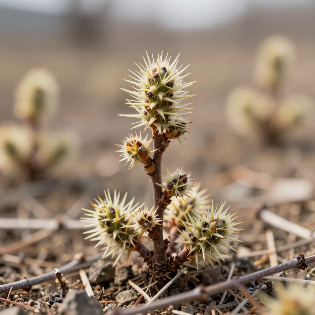 봄 들판에 자라는 가시나무와 그 어린 순 가시나물 클로즈업 사진