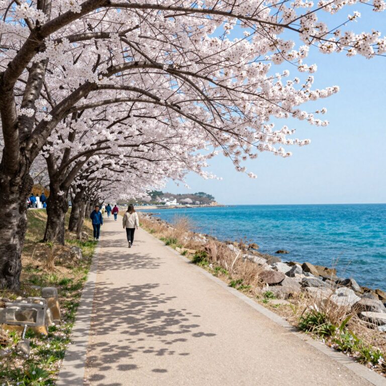 거제 양지암조각공원 벚꽃길과 푸른 바다가 함께 보이는 봄 풍경