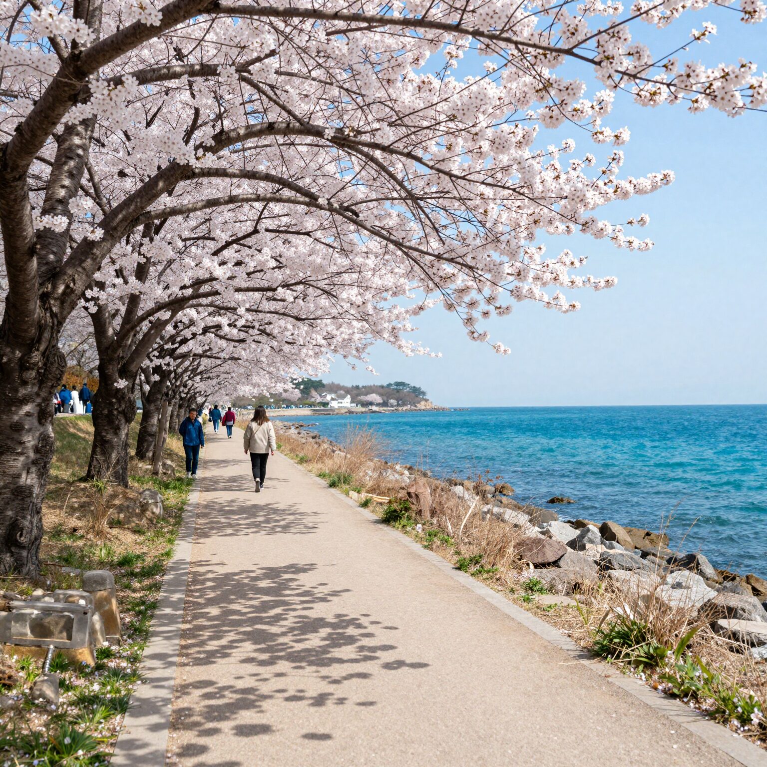 거제 양지암조각공원 벚꽃길과 푸른 바다가 함께 보이는 봄 풍경