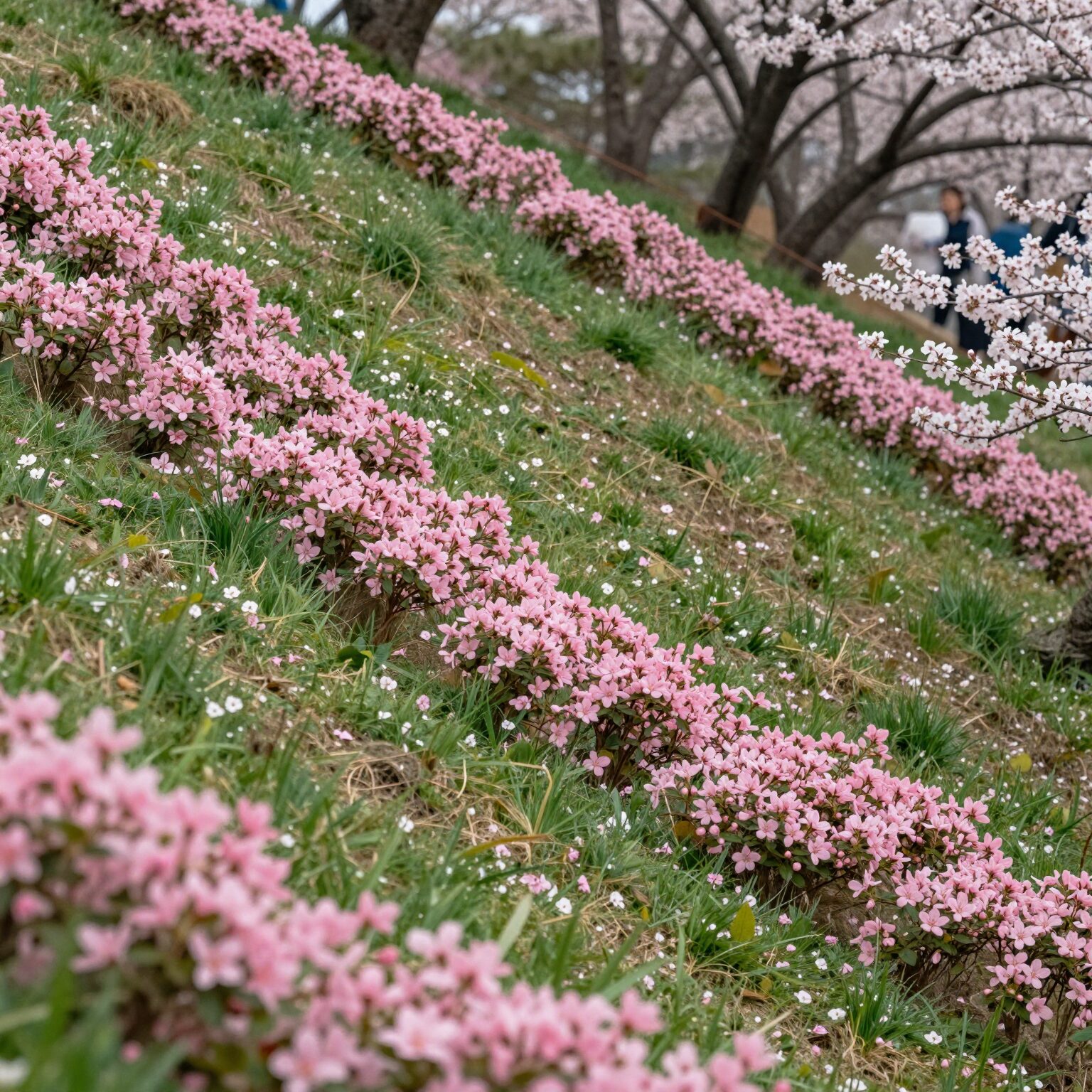 2026년 4월 16일 군포 철쭉동산 개화 초기 모습, 초록 언덕에 점점이 핀 분홍색 철쭉과 진달래