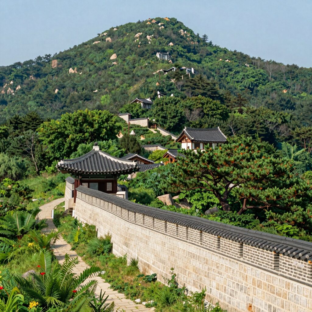 담양 금성산성 성곽 위에서 바라본 신록의 산야와 성벽 풍경