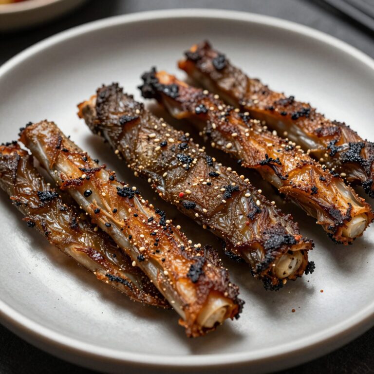 바삭하게 구워진 개두릅전이 접시에 담겨 있는 모습