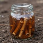 유리병에 담긴 땅두릅장아찌, 간장물에 잠겨 갈색빛을 띠고 있음