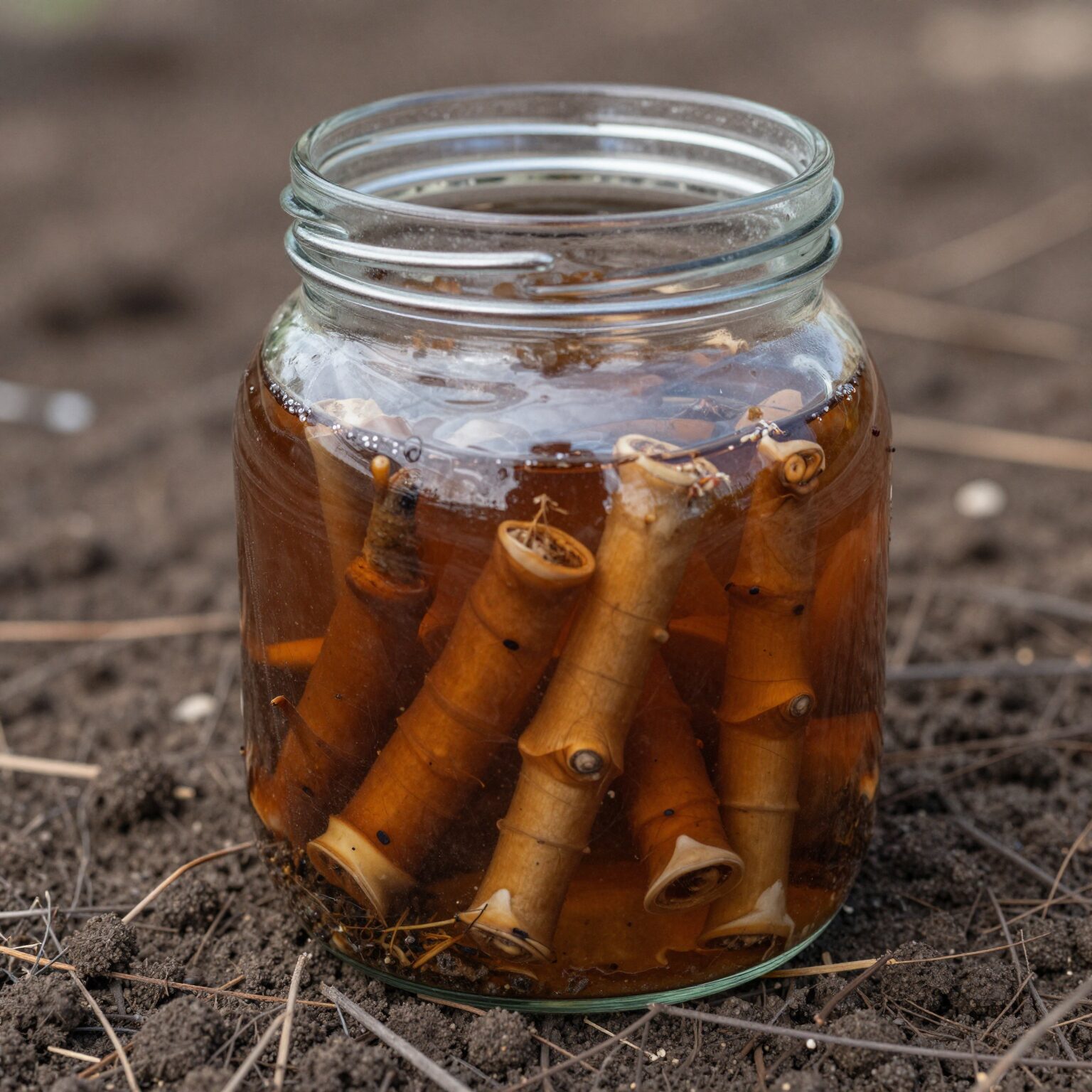 유리병에 담긴 땅두릅장아찌, 간장물에 잠겨 갈색빛을 띠고 있음