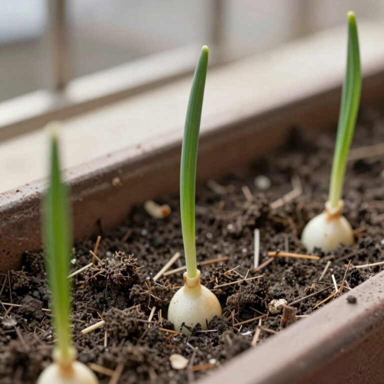 베란다 창가 화분에서 자라는 양파 모종과 싹