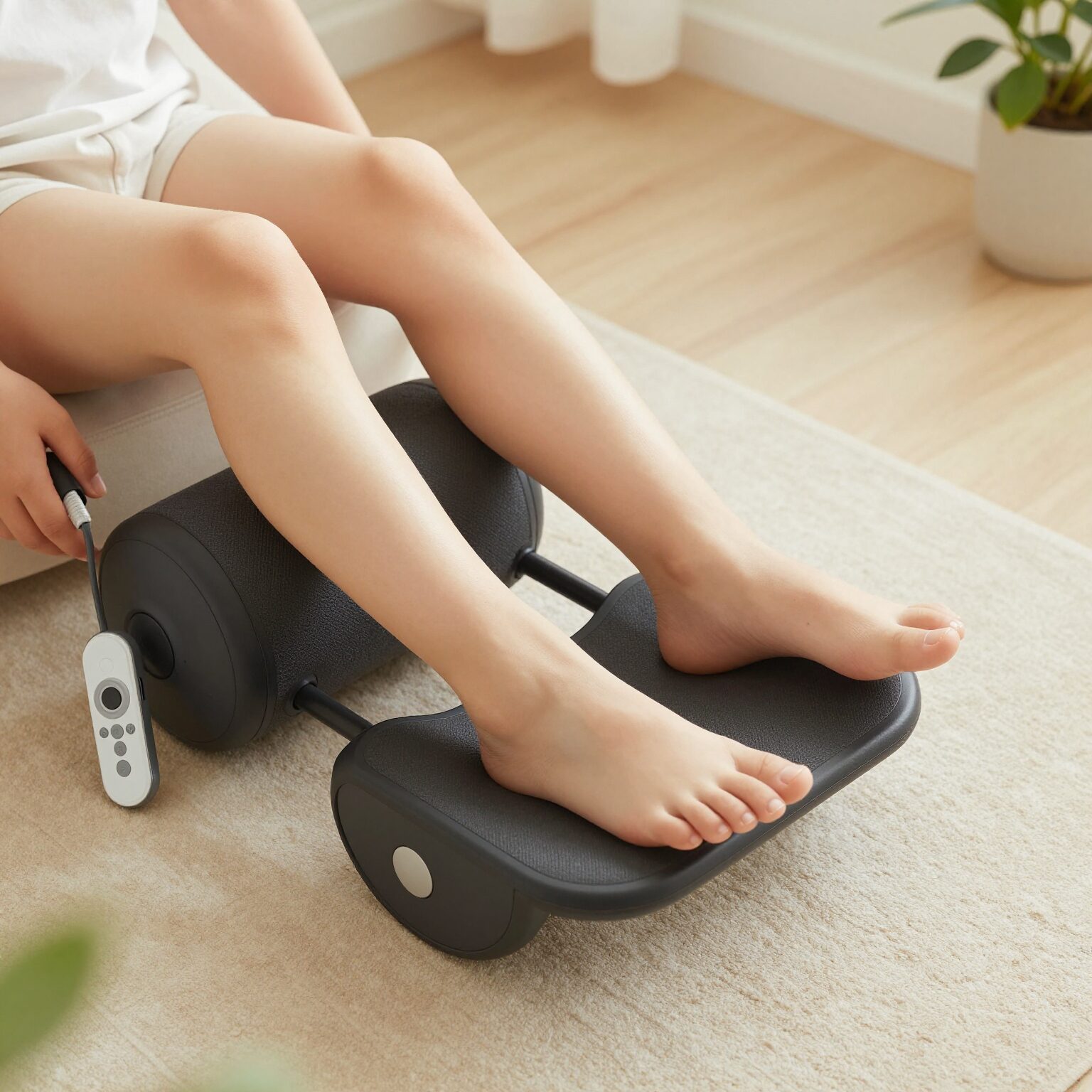 아이의 다리를 넣고 사용하는 에어롤러 성장 마사지기, 리모컨으로 조작 가능