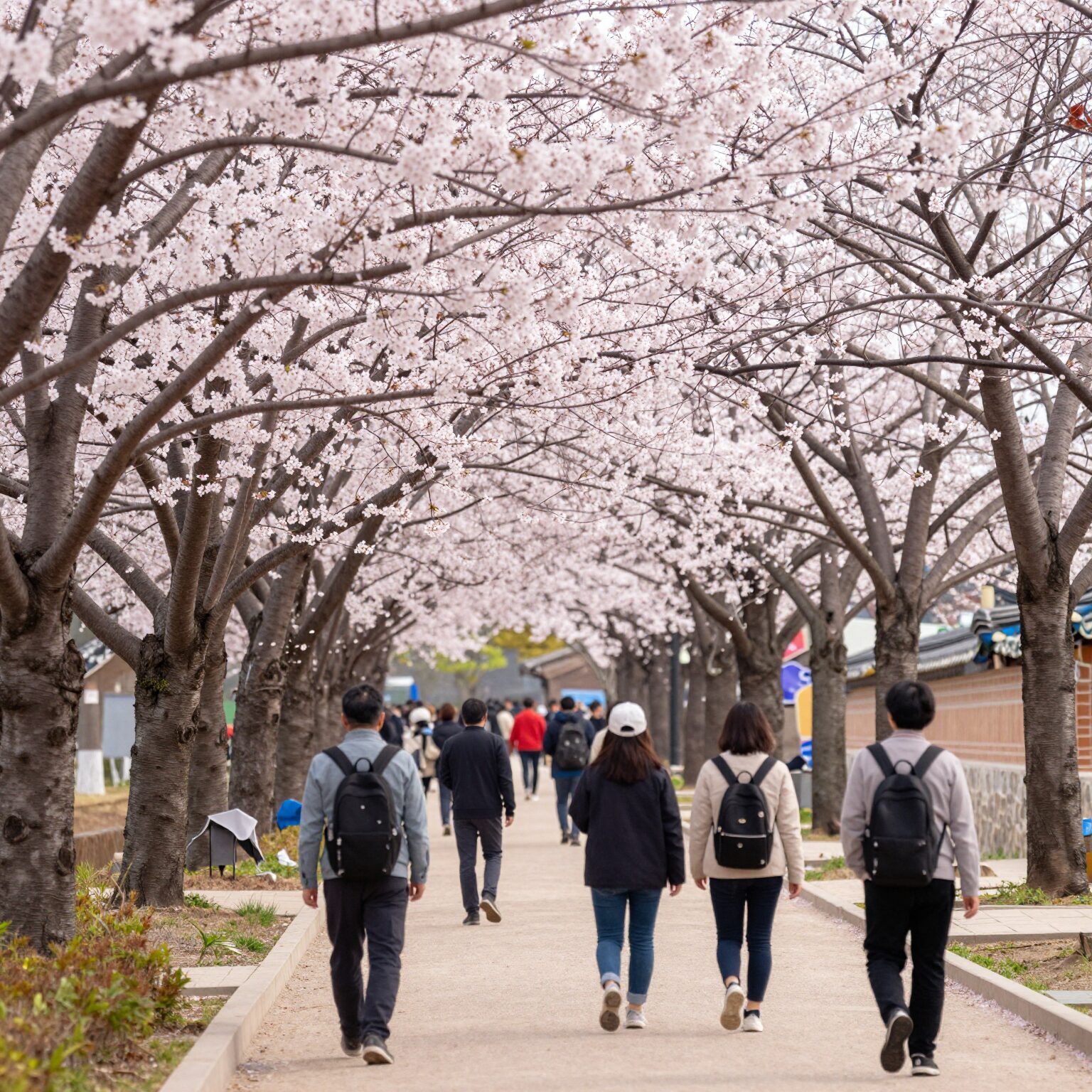 경주 불국사 왕벚꽃길에 핀 진분홍색 겹벚꽃과 산책하는 사람들
