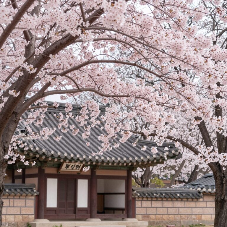 경주 불국사 배경에 핑크빛 겹벚꽃이 풍성하게 핀 모습