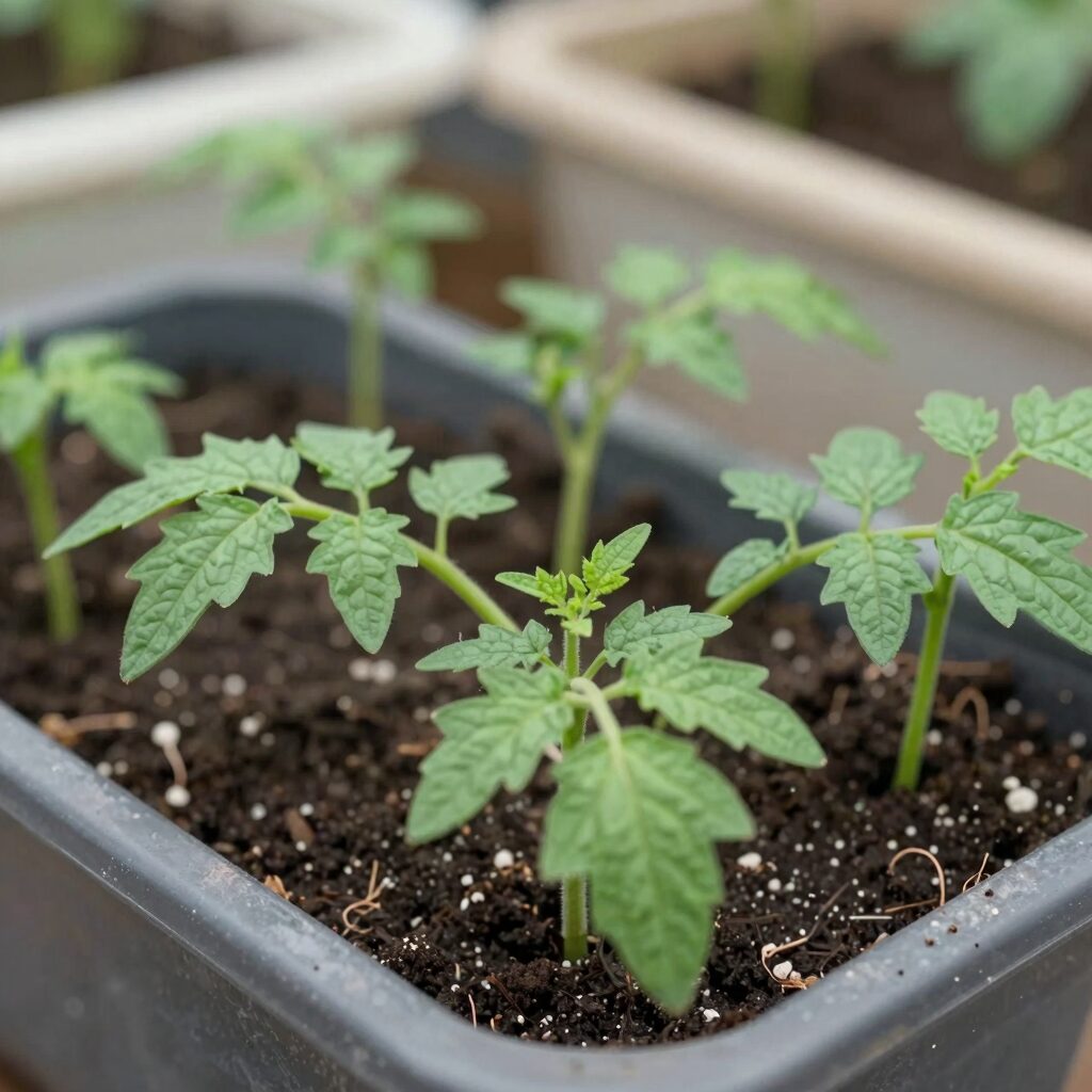 화분에 심겨진 건강한 방울토마토 모종, 잎이 짙은 초록색이고 줄기가 굵음