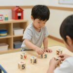 하임슐레 교구로 놀이하는 아이의 모습. 병원, 소방서 등 역할놀이 블록과 숫자 블록이 테이블 위에 놓여 있다.