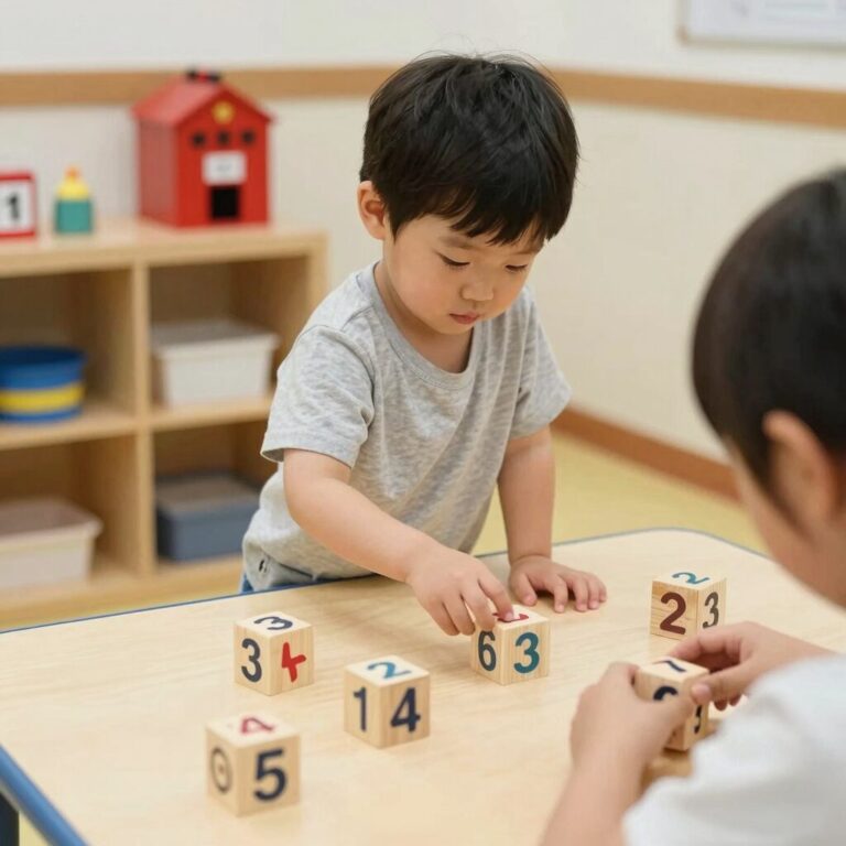 하임슐레 교구로 놀이하는 아이의 모습. 병원, 소방서 등 역할놀이 블록과 숫자 블록이 테이블 위에 놓여 있다.