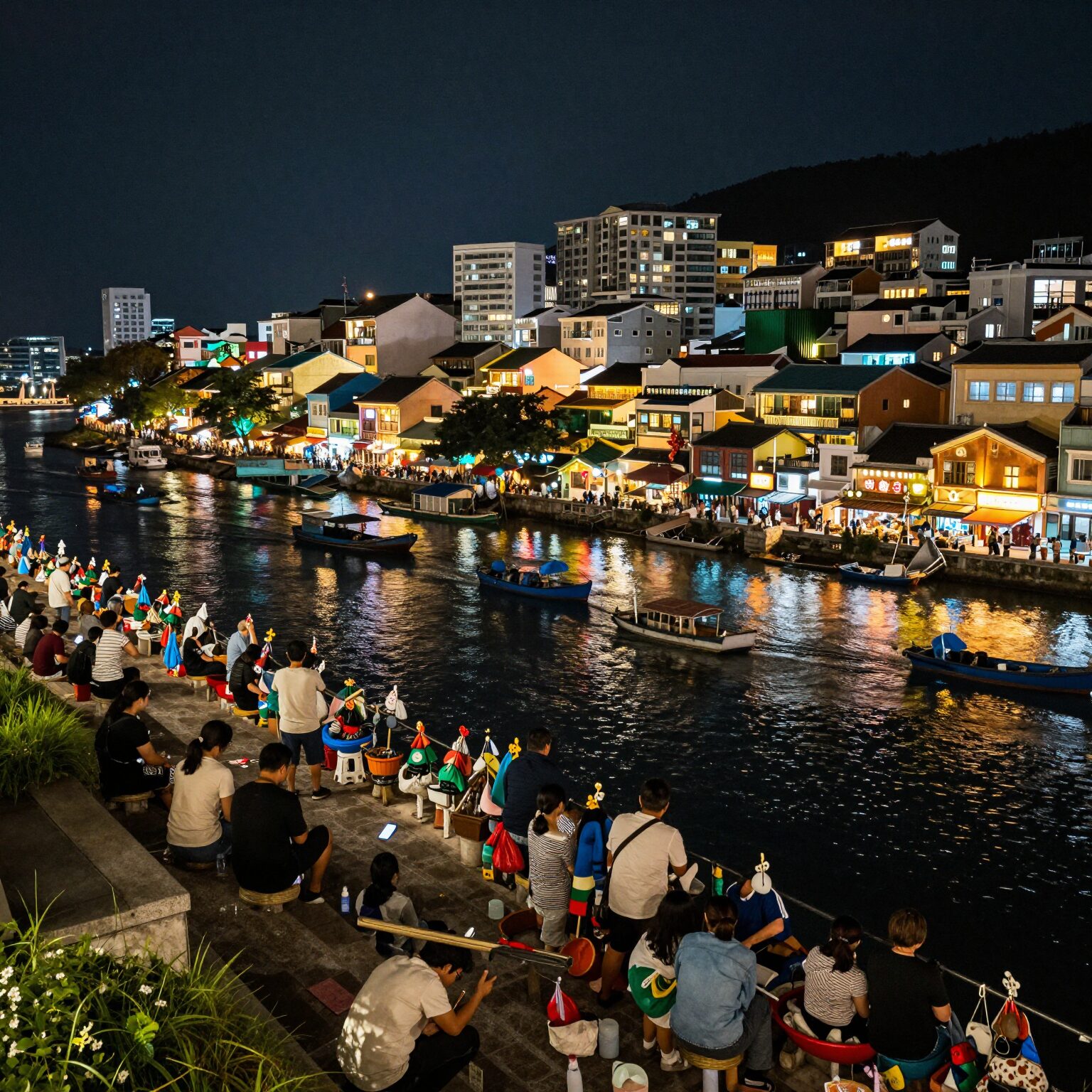 호이안 올드타운 야경과 강 위의 소원배들