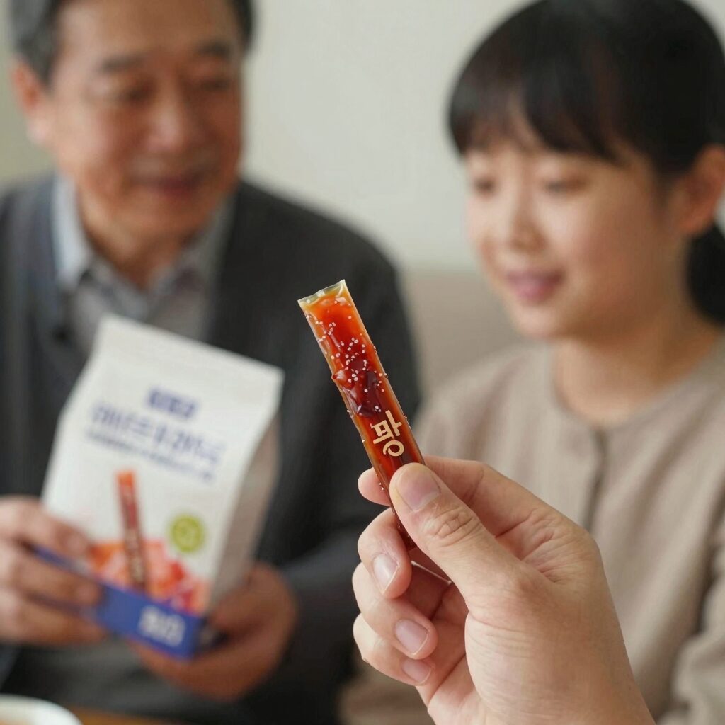 정관장 에브리타임 오리지널 홍삼 스틱을 손에 쥐고 있는 모습, 부모님 선물용 건강식품