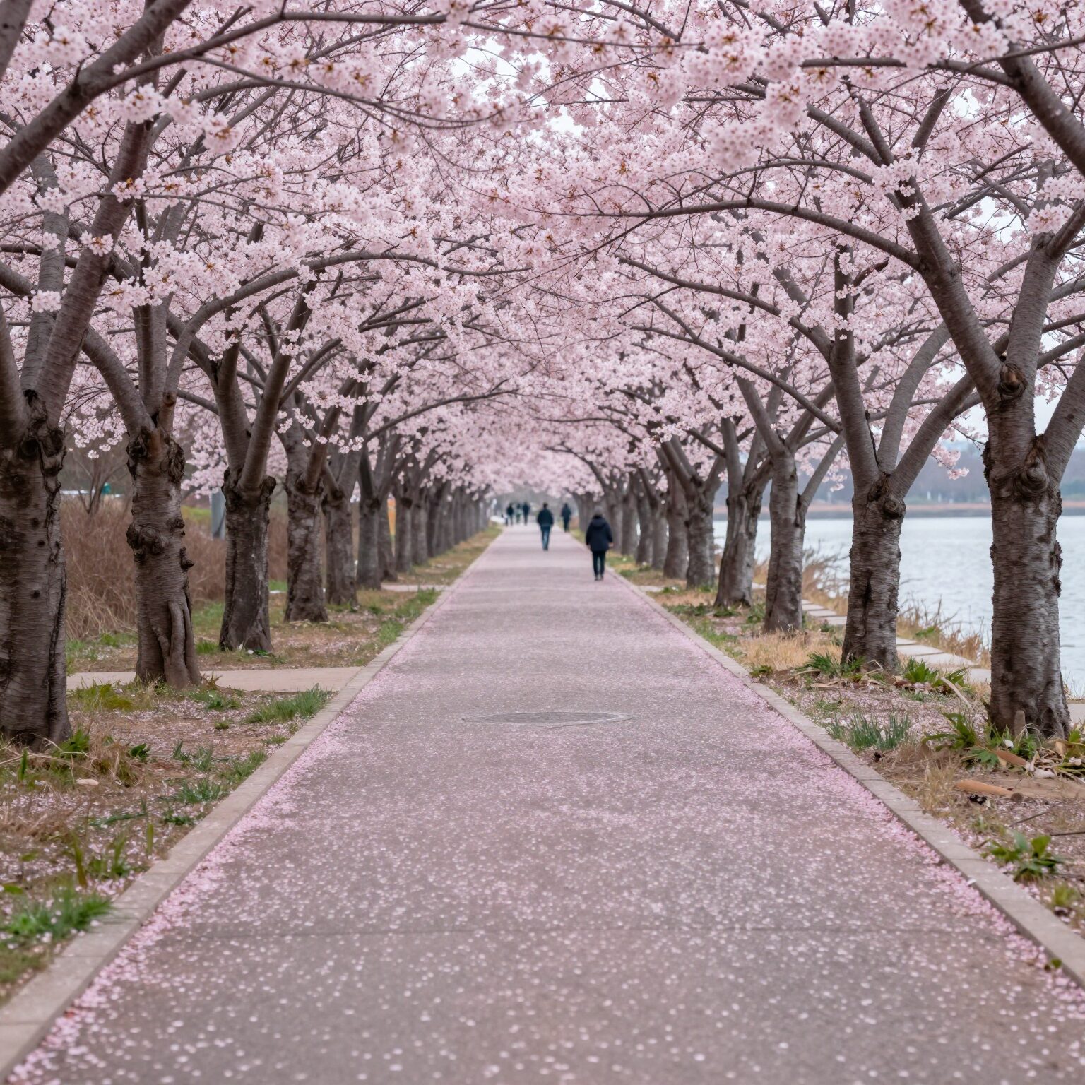당진 화전저수지 홍벚꽃이 만개한 진분홍빛 길과 저수지 풍경
