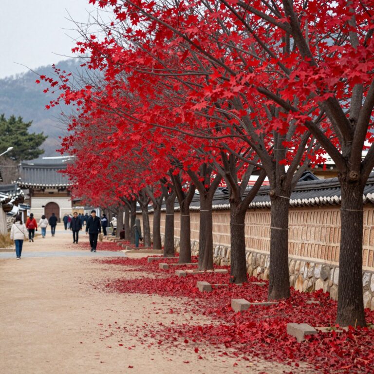 금산 홍도마을 붉은 홍도화 가로수 길 풍경