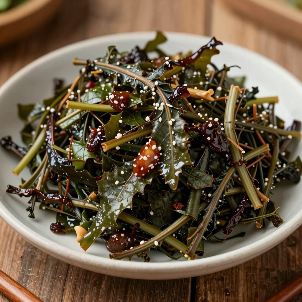 접시에 담긴 홑잎나물 간장무침 나물반찬