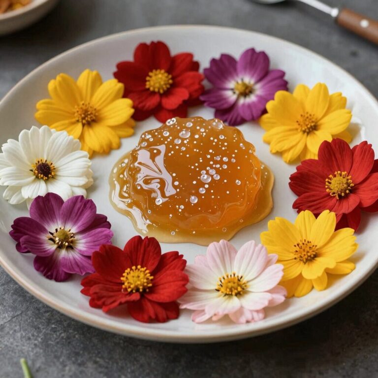 접시에 담긴 알록달록한 꽃화전, 꿀이 곁들여져 있음