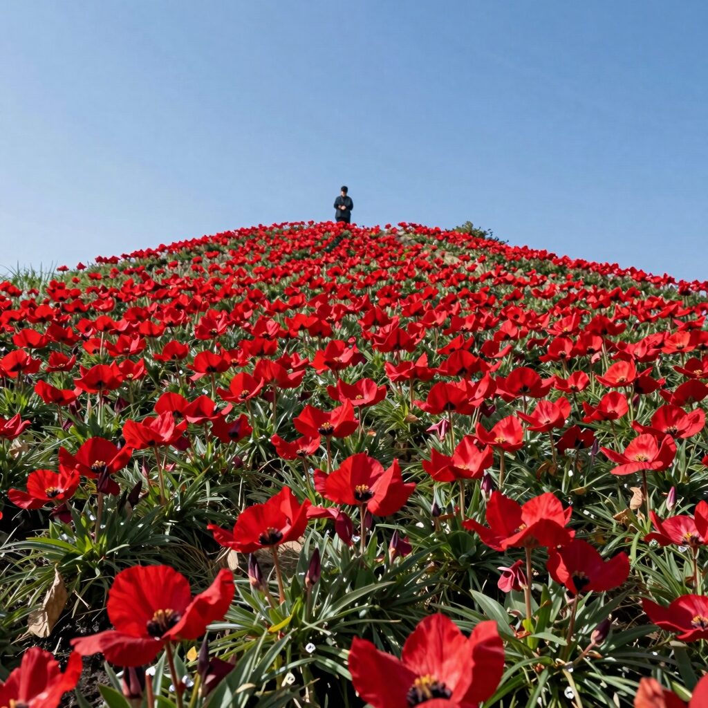 황매산 정상에 펼쳐진 넓은 진달래 군락의 전경, 붉은 꽃밭과 푸른 하늘이 조화를 이룬 모습