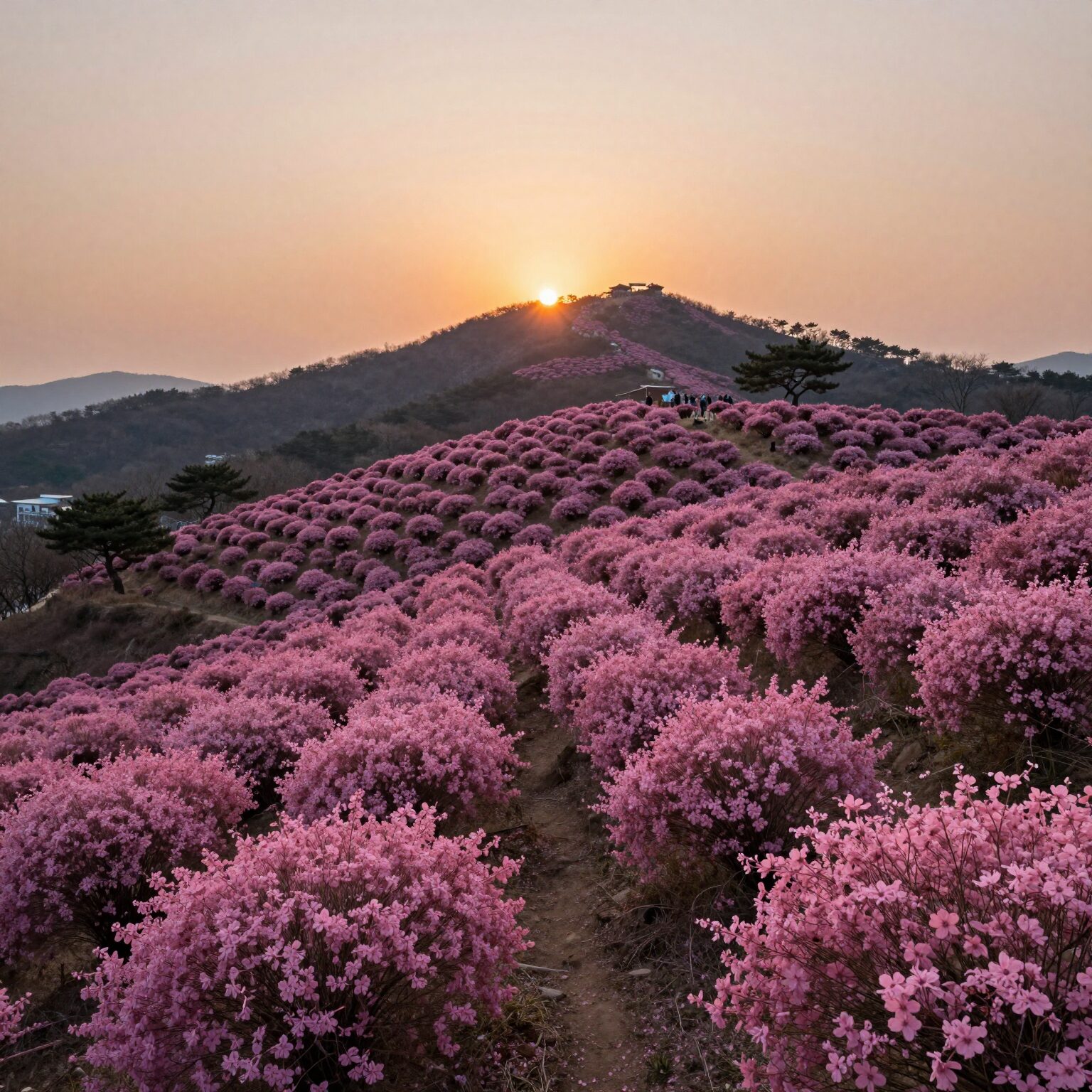 화왕산 일몰 시간대 진달래 군락지 분홍빛 풍경