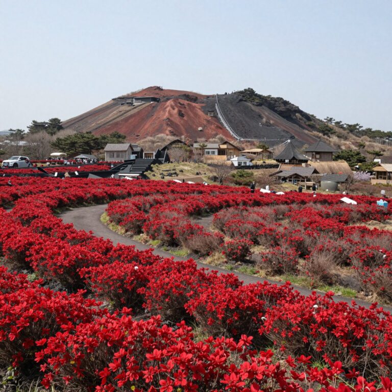 완주 화산꽃동산의 만개한 붉은 철쭉과 정자가 보이는 전경