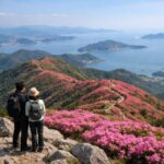 일림산 정상에서 바라본 철쭉 군락과 남해의 조망, 붉은 능선이 끝없이 이어지는 장관