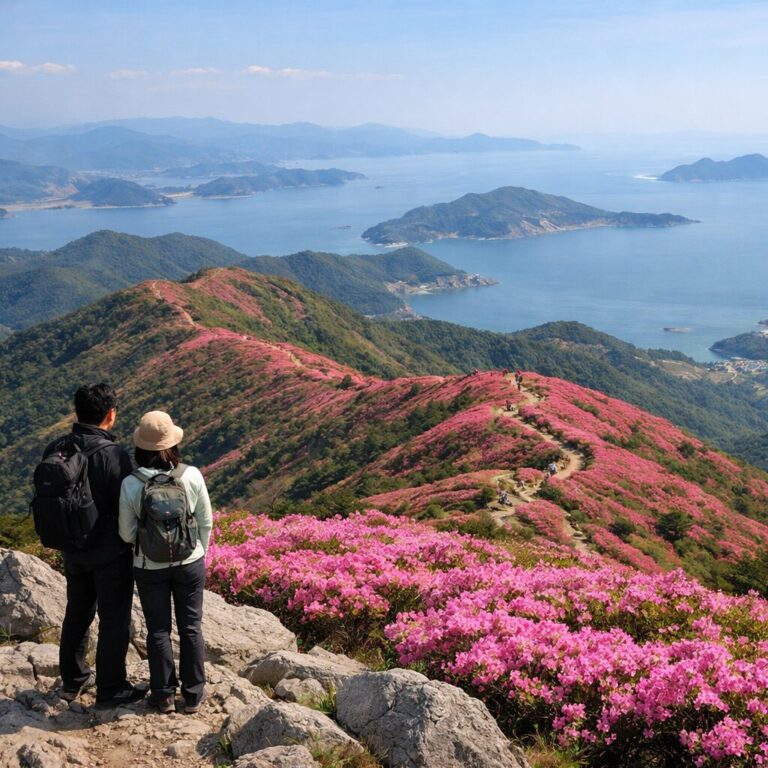일림산 정상에서 바라본 철쭉 군락과 남해의 조망, 붉은 능선이 끝없이 이어지는 장관