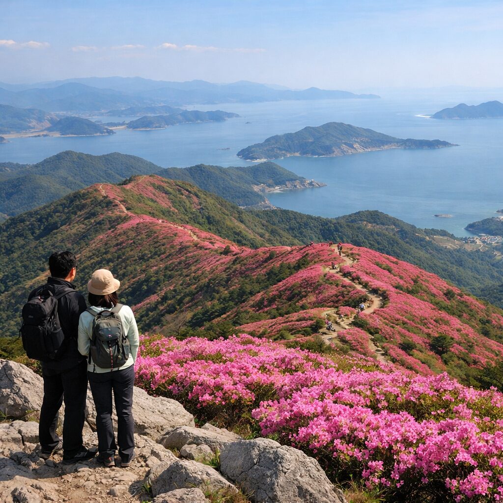 일림산 정상에서 바라본 철쭉 군락과 남해의 조망, 붉은 능선이 끝없이 이어지는 장관