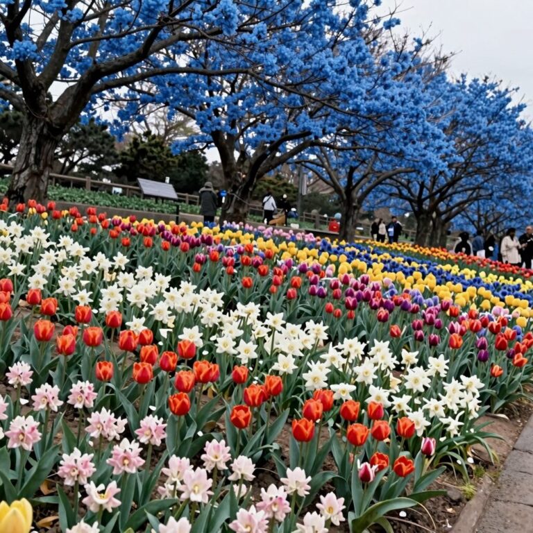 5월의 제주도 카멜리아 힐 정원에 핀 다양한 꽃과 푸른 나무들